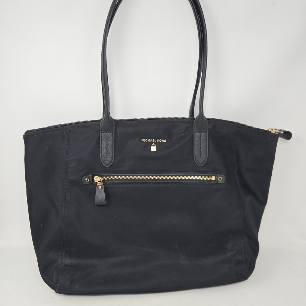 Michael Kors Black Nylon Saffiano Leather Trim Tote Bag Gold Lock Charm